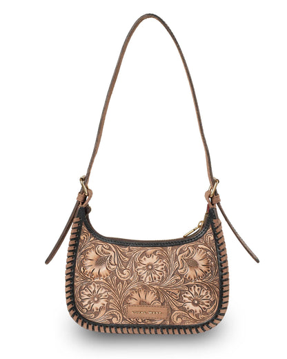 Western cowgirl shoulder bag featuring curved silhouette, zip closure and decorative stitching