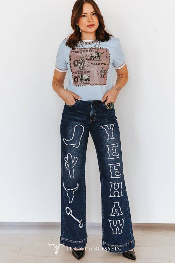 Women's dark wash wide leg western jeans featuring embroidered "YEEHAW" lettering with cowboy boot, cactus and longhorn designs