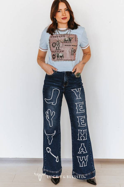 Women's dark wash wide leg western jeans featuring embroidered "YEEHAW" lettering with cowboy boot, cactus and longhorn designs