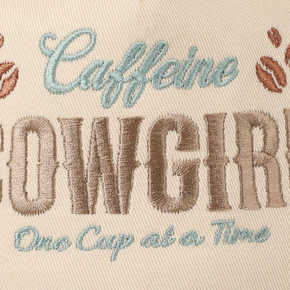 Women's western trucker cap featuring Caffeine Cowgirl embroidery and adjustable snapback