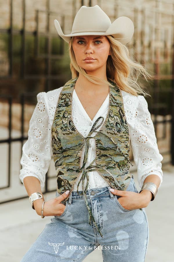 Texas designed tapestry vest featuring adjustable front ties fully lined construction