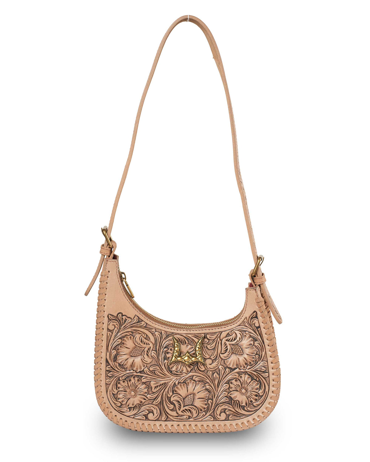 Tan floral tooled leather handbag with antique W hardware