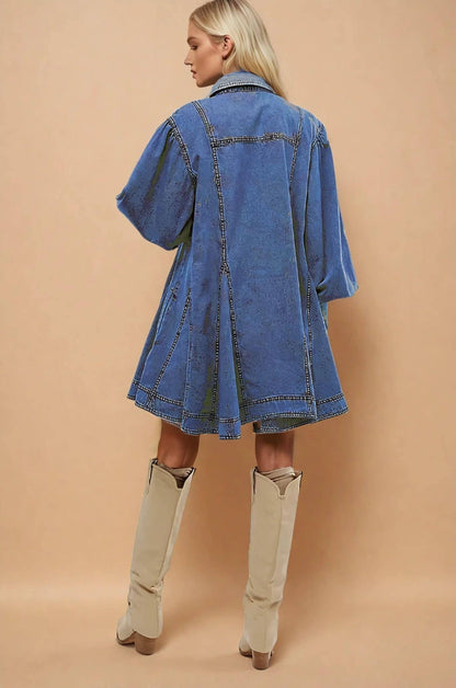 Willow Wanderers oversized denim dress with puff sleeves and soft mid-wash denim