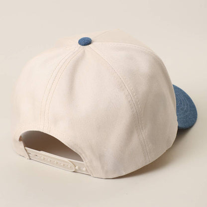 Adjustable western cap with patriotic rodeo patch and denim look brim