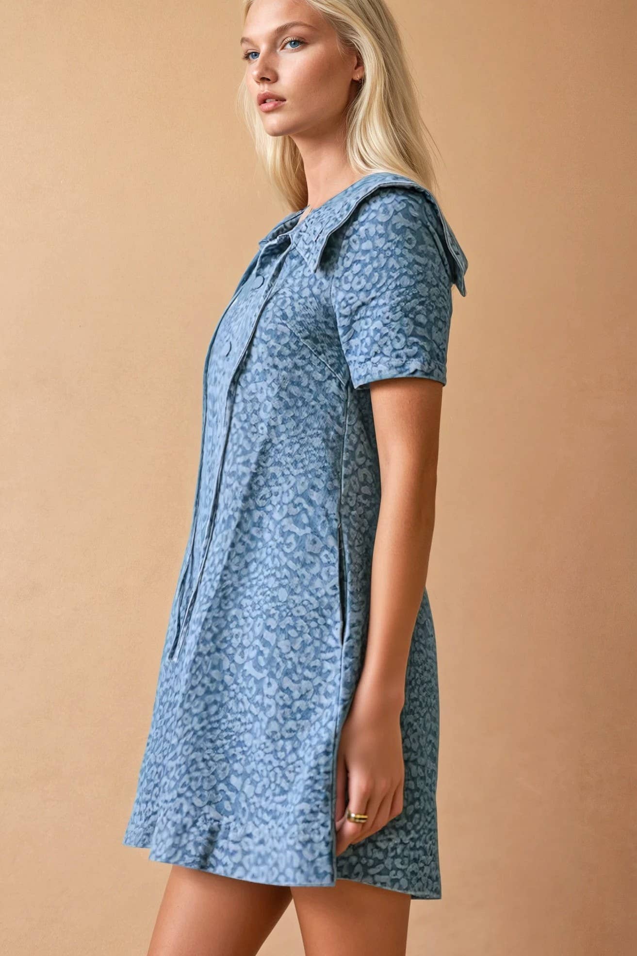Willow Wanderers blue pattern dress with oversized collar styled for country fashion