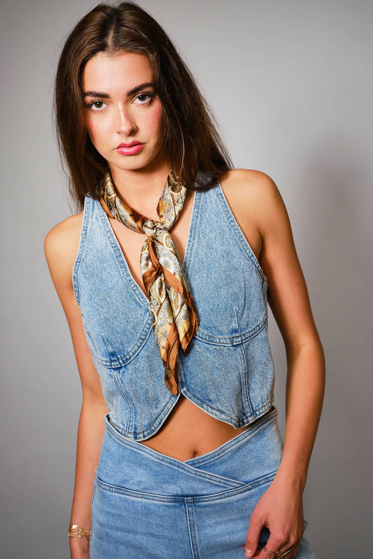 Women's 100% cotton denim vest styled with matching jeans