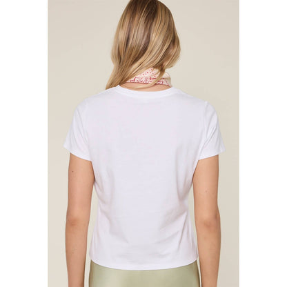 White cowgirl graphic tee with giddy up horse embroidery