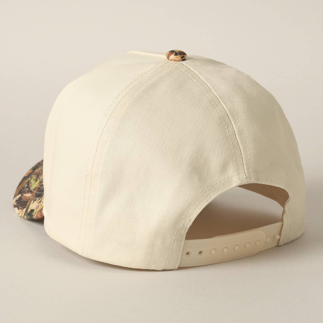 Premium 5-panel western trucker hat with cream front and camo brim.