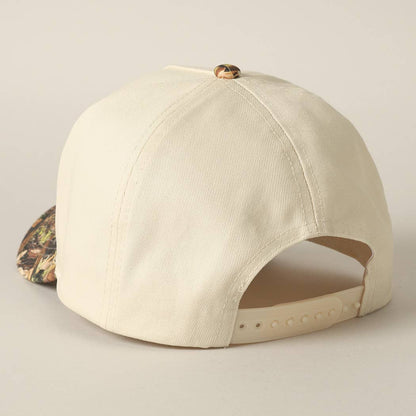 Premium 5-panel western trucker hat with cream front and camo brim.