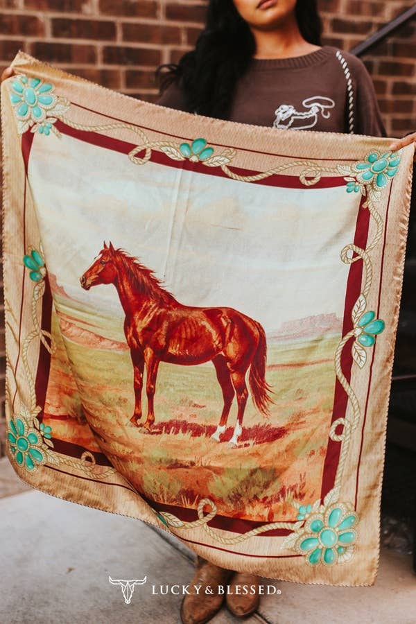 western horse wild rag featuring a chestnut horse with turquoise floral border