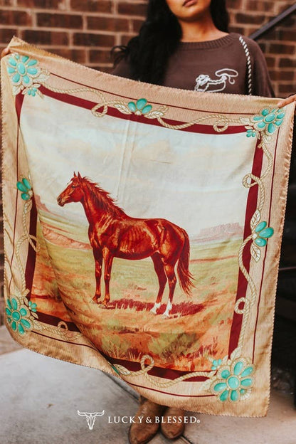 western horse wild rag featuring a chestnut horse with turquoise floral border