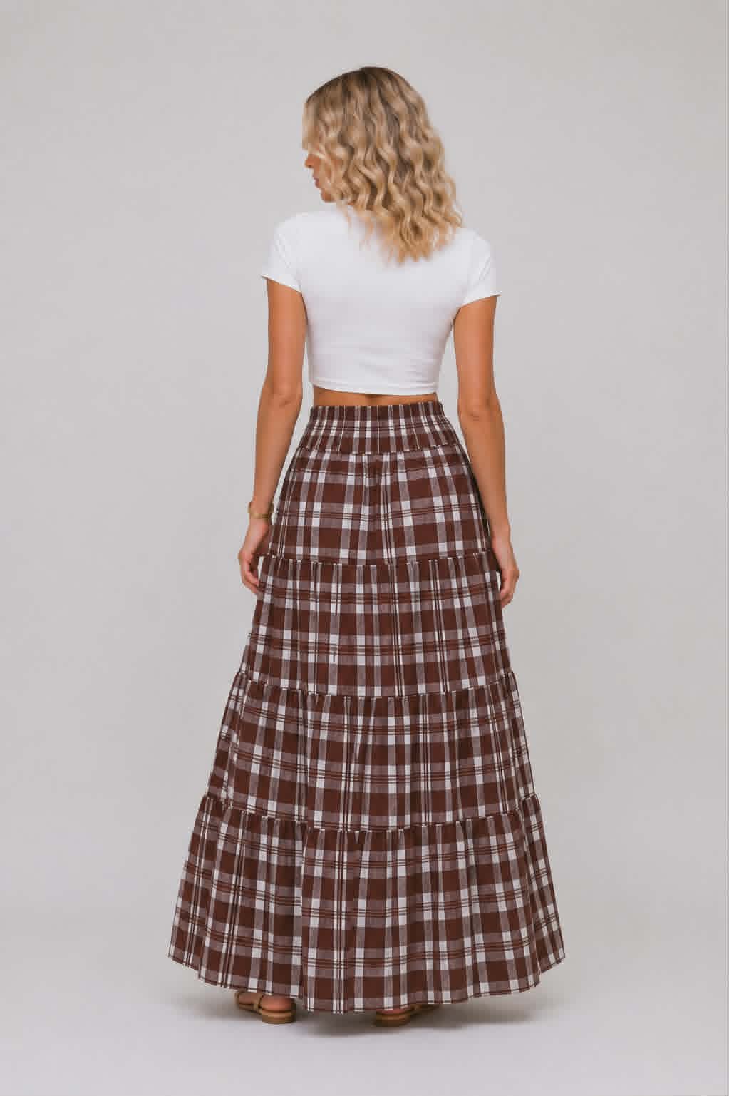 Western inspired chocolate plaid tiered skirt with flowy silhouette