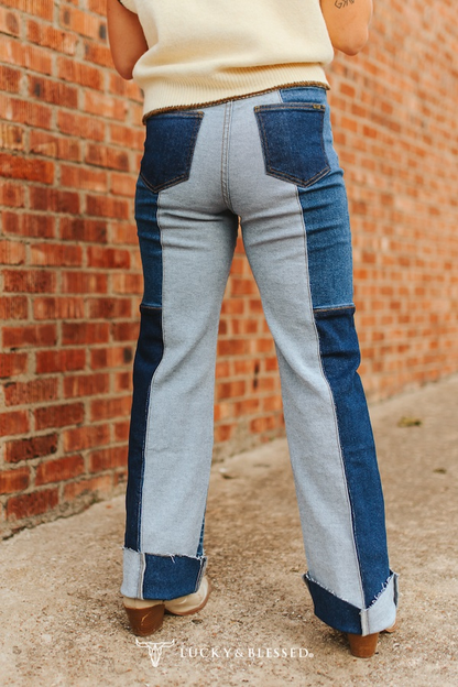 Denim Patchwork Straight Leg Jeans