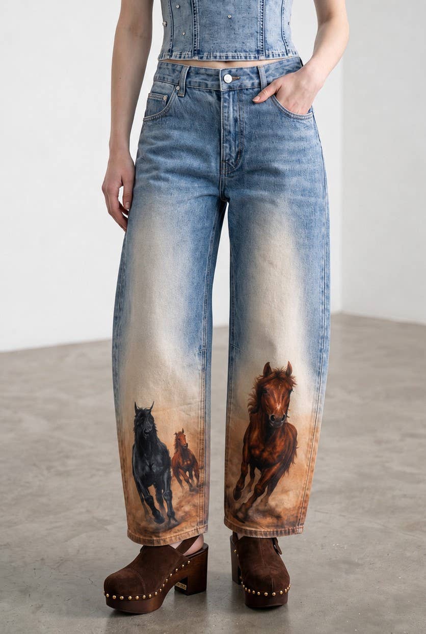 Wild Horses barrel jeans with western horse graphic print