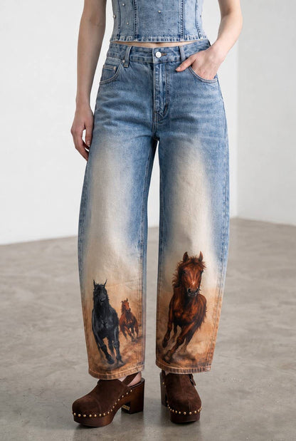 Wild Horses barrel jeans with western horse graphic print