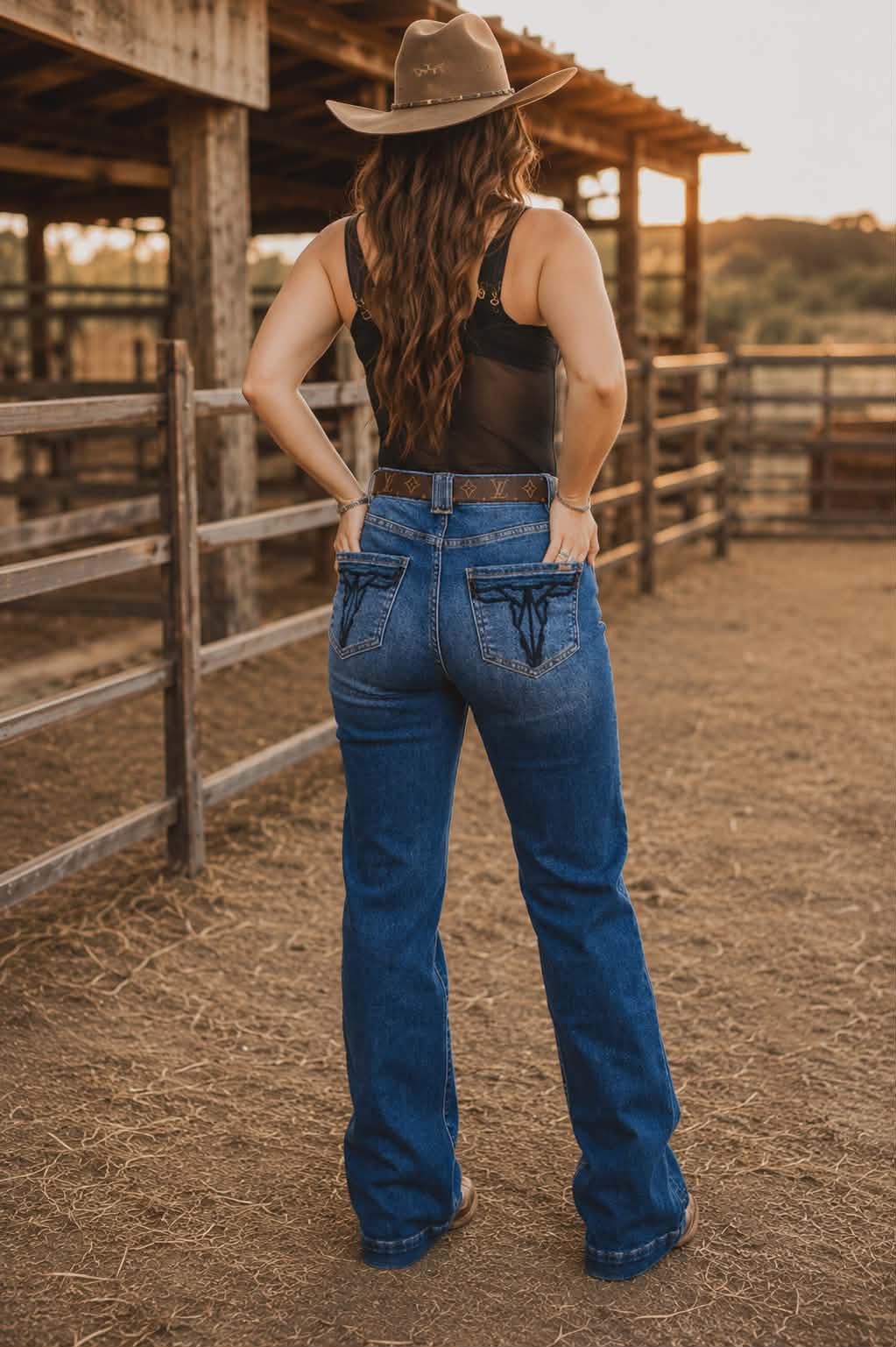 Western bootcut style jeans with embroidered pockets, stretch denim and classic dark wash finish