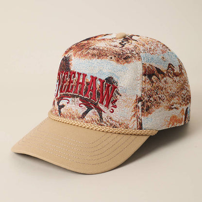 YEEHAW cowgirl trucker cap featuring vintage rodeo horse tapestry, sandy beige visor and classic western rope detailing