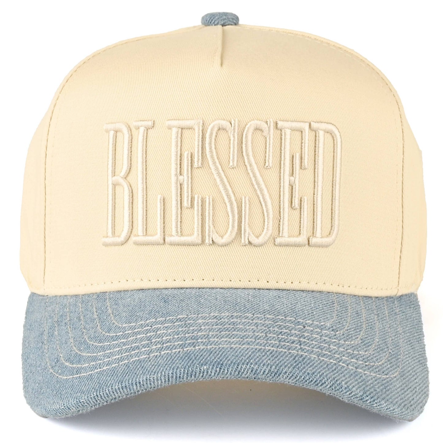 Cream trucker cap with light denim brim and adjustable fit