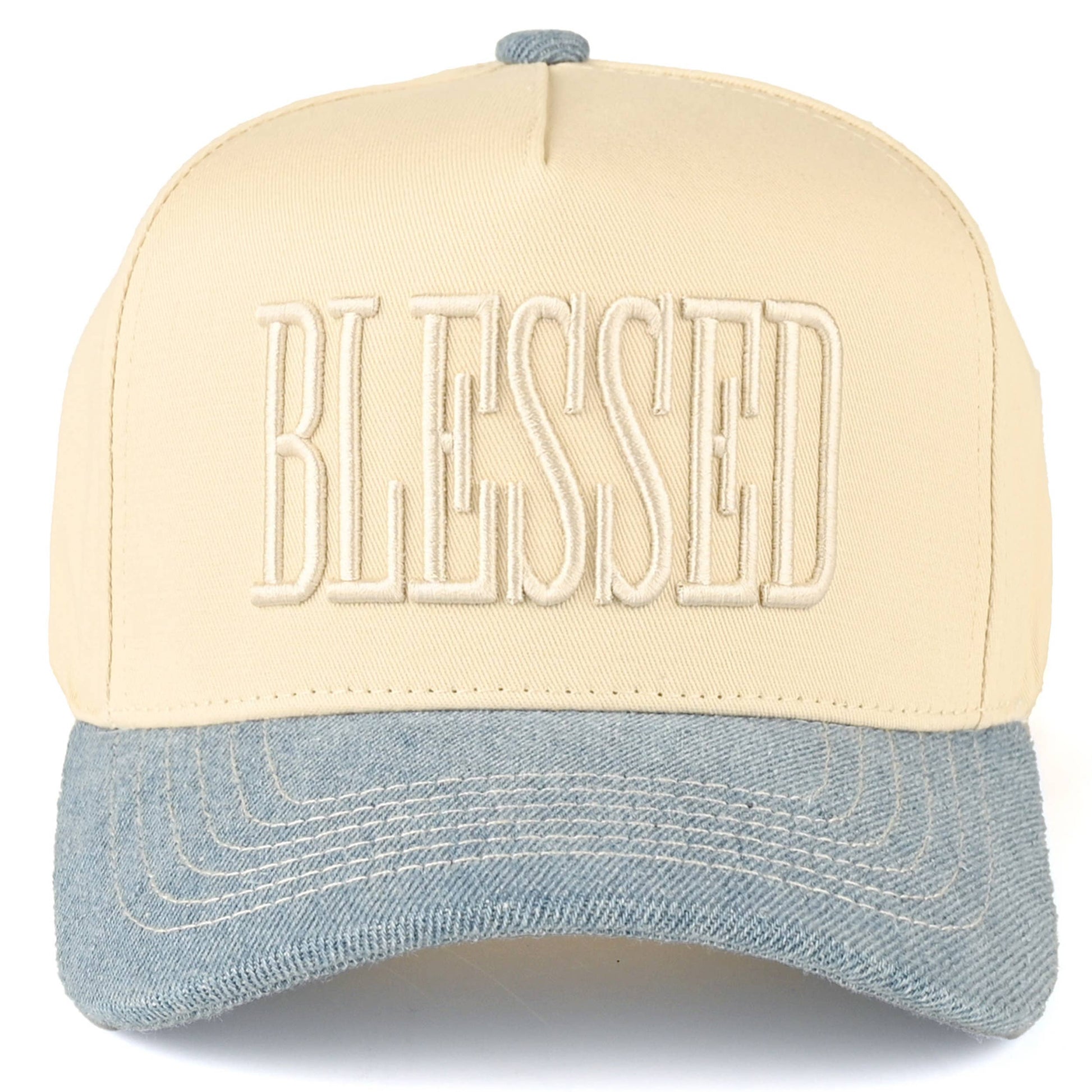 Cream trucker cap with light denim brim and adjustable fit