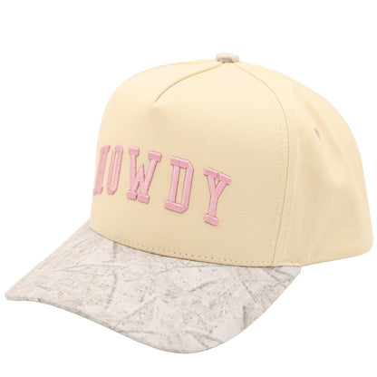 Cream western cap with pink "Howdy" embroidery and marbled cream brim