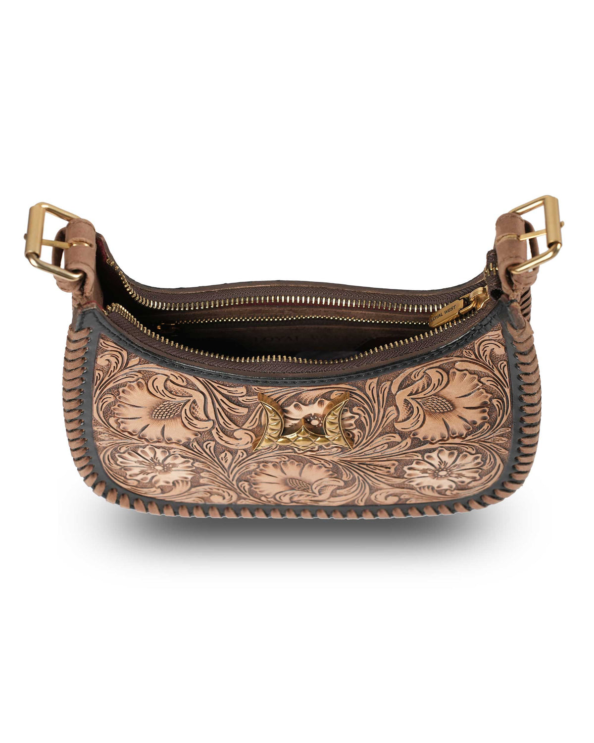 Brown leather handbag with intricate patterns and gold accents on a white background