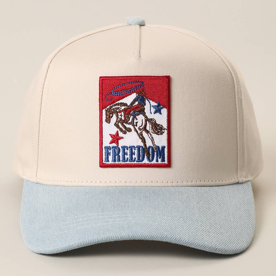 Cream and light blue denim western cap featuring a Freedom rodeo cowboy embroidered patch