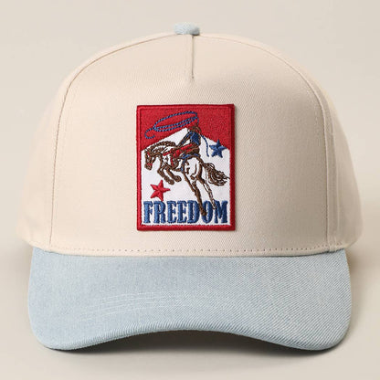 Cream and light blue denim western cap featuring a Freedom rodeo cowboy embroidered patch