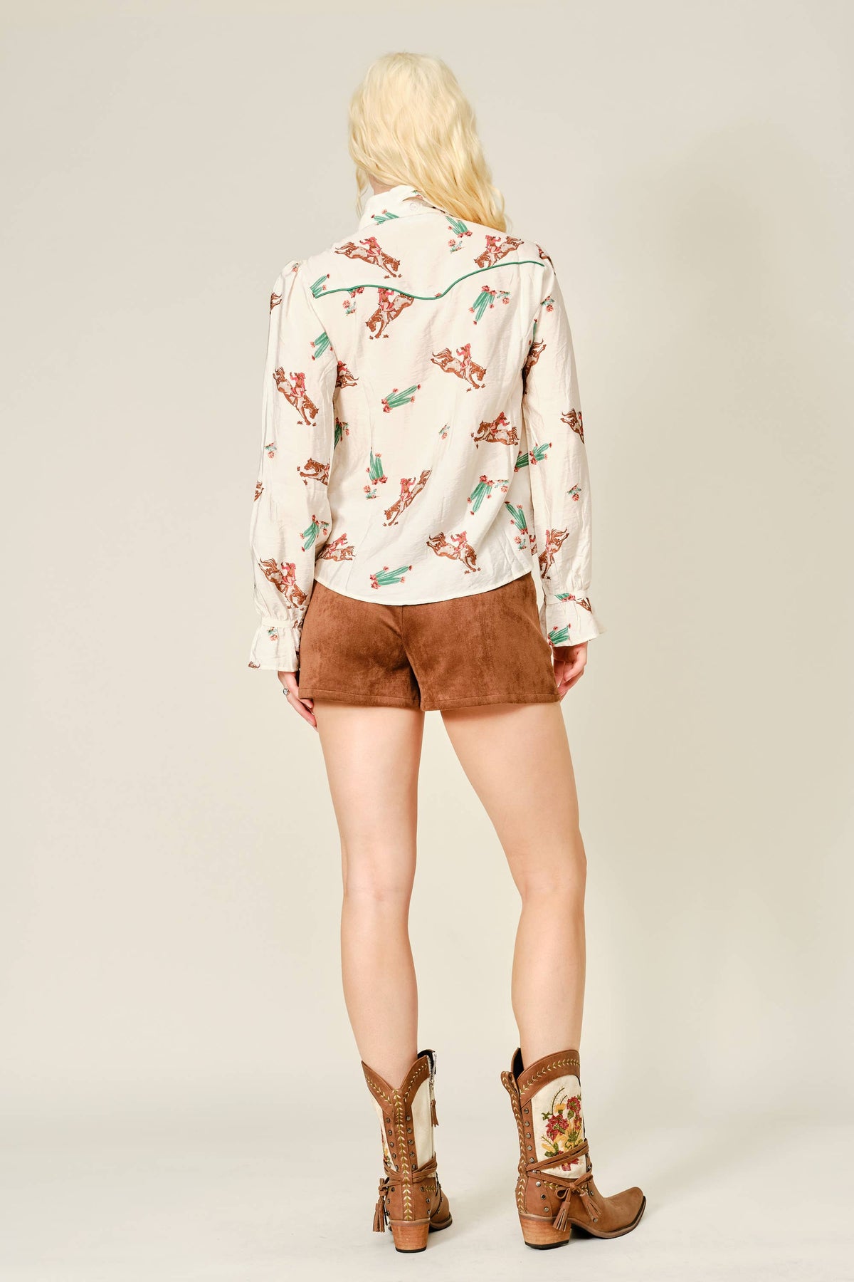 western rider and cactus print button front women's blouse