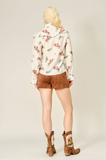 western rider and cactus print button front women's blouse