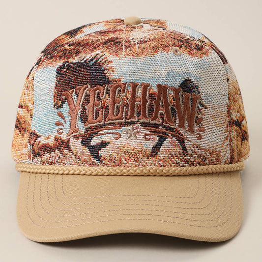 Yeehaw wild horse tapestry western rope trucker cap with tan brim