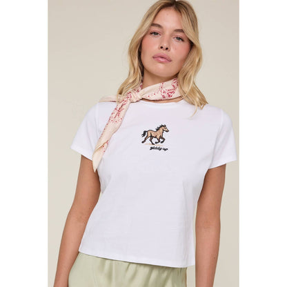 Women's white Giddy Up horse embroidered western T shirt