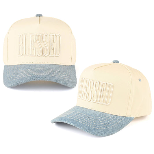 Two beige and denim baseball caps with 'BLESSED' text on a white background