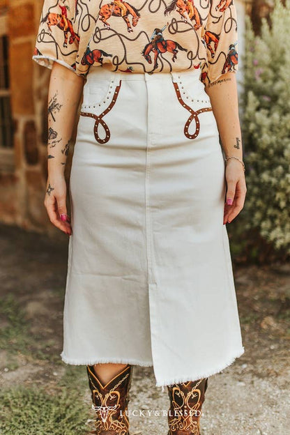 Ivory Stretch Denim Boot-Stitch Embroidered Skirt