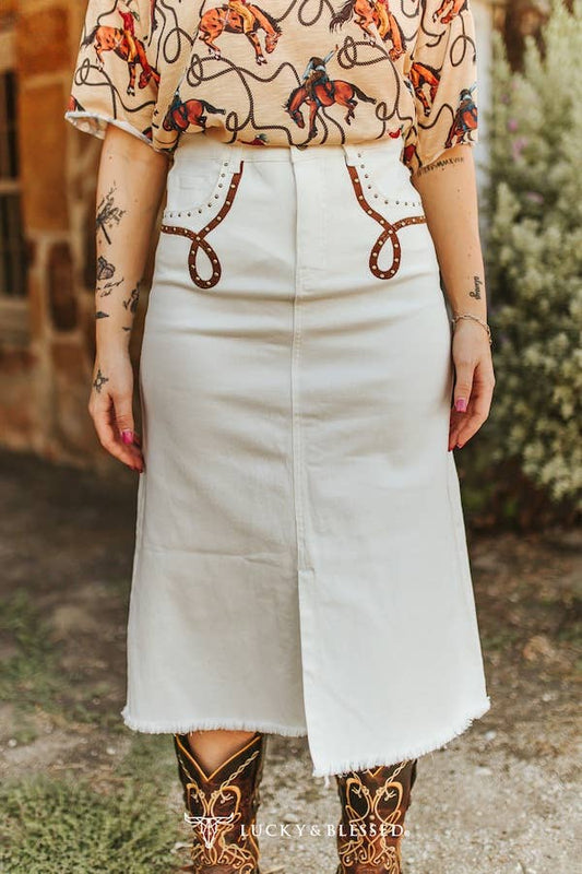 Ivory Stretch Denim Boot-Stitch Embroidered Skirt