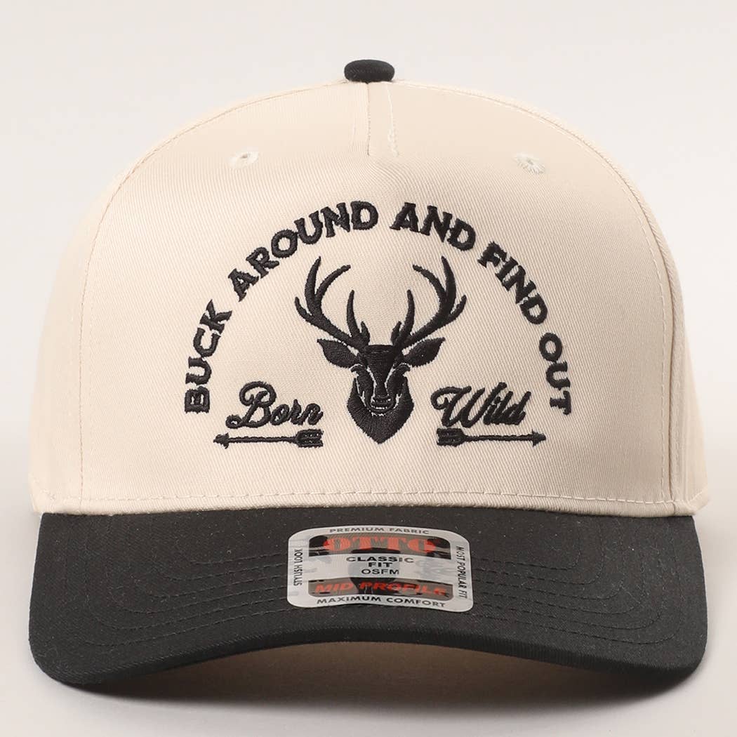 Buck Around and Find Out embroidered cream and black trucker cap with a stag design
