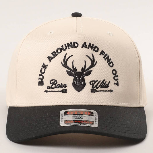 Buck Around and Find Out embroidered cream and black trucker cap with a stag design