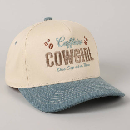 Country style 5 panel cotton cap with coffee inspired cowgirl embroidery