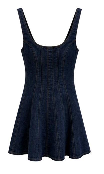 Sleeveless dark denim skater dress featuring paneled stitching, scoop neckline and soft stretch denim for a flattering feminine fit. Perfect western fashion piece for layering with boots and jewellery