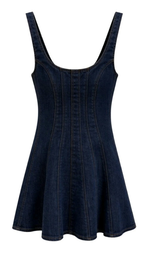Sleeveless dark denim skater dress featuring paneled stitching, scoop neckline and soft stretch denim for a flattering feminine fit. Perfect western fashion piece for layering with boots and jewellery