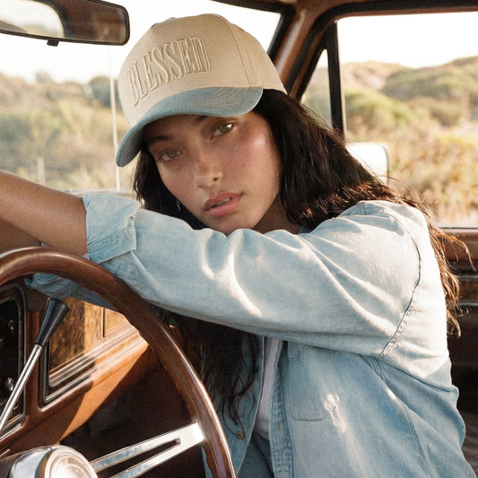 Women's western cotton trucker cap featuring Blessed embroidery