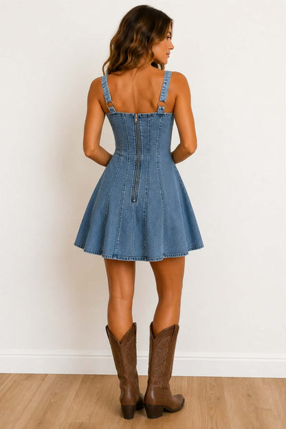 A woman wearing a blue denim pinafore-style mini dress with a back zipper, shown from the back in a studio setting with a white wall and light wood floor. She is also wearing brown cowboy boots.