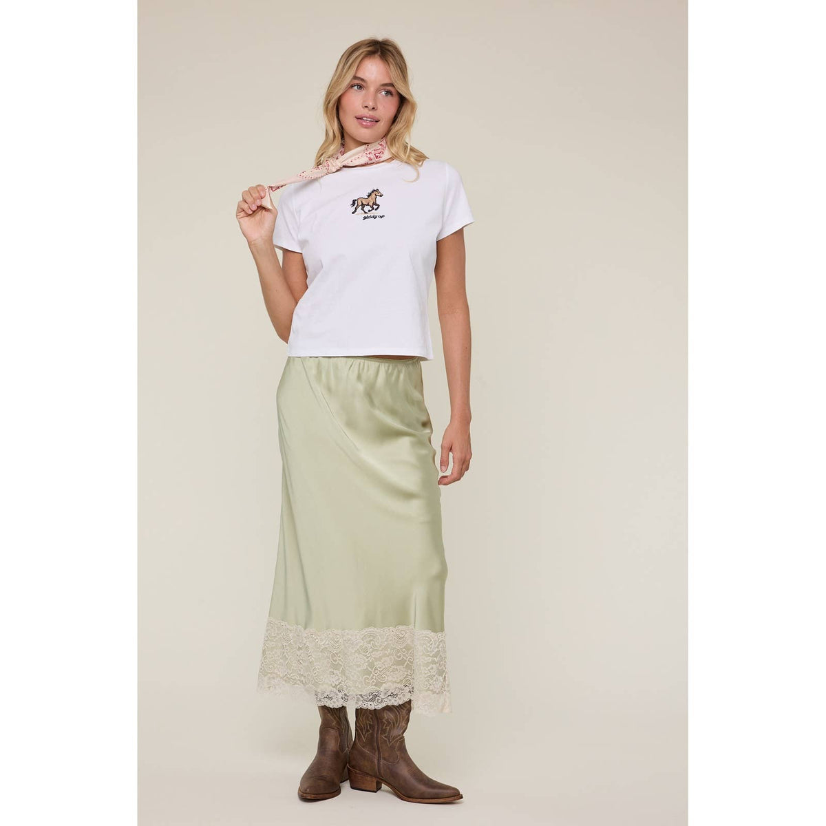 White western Tee with embroidered running horse graphic