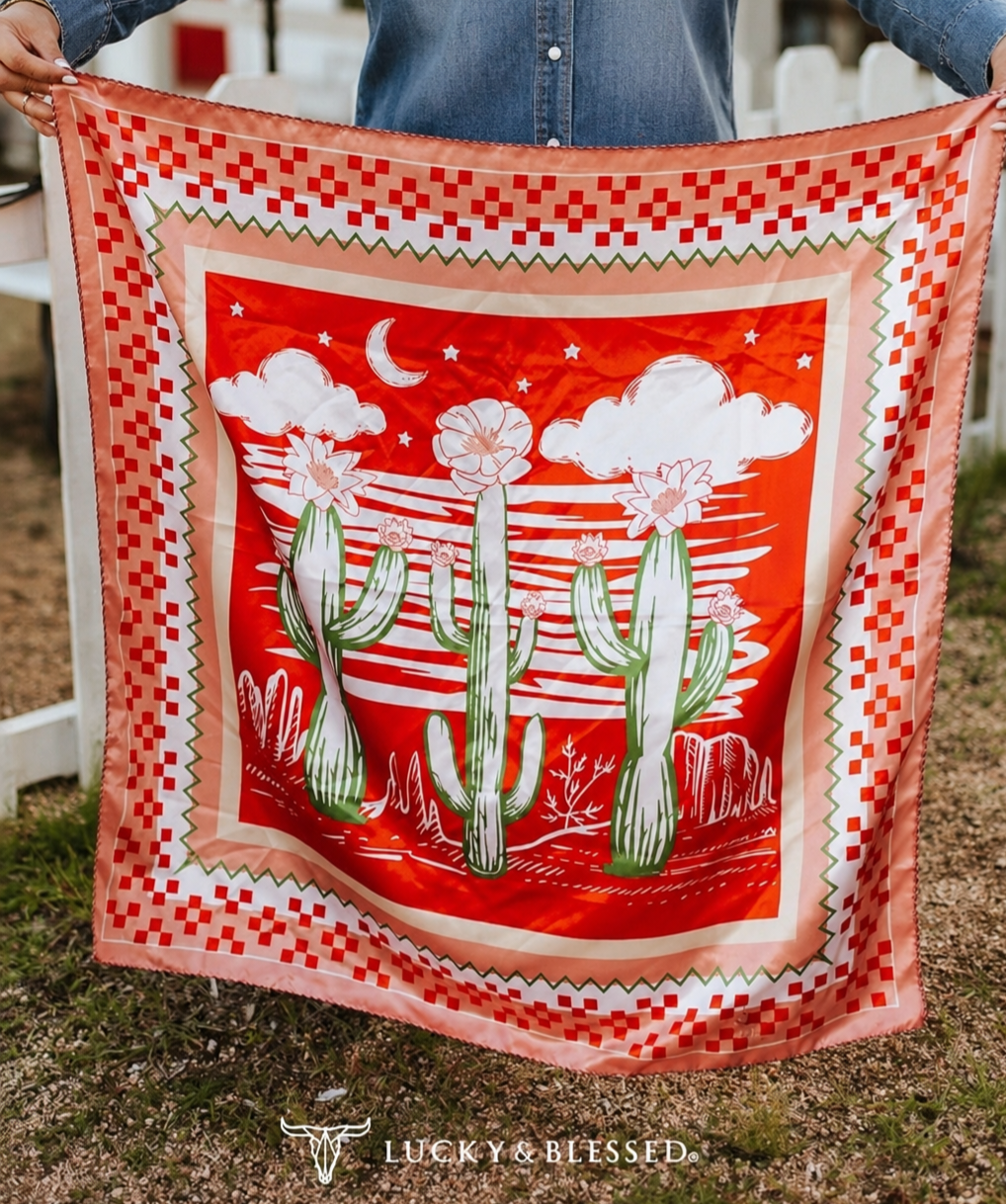 Desert cactus print wild rag scarf in blush pink and vibrant red