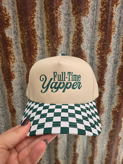 Westen inspired trucker cap featuring a cream crown, dark green saying "Full Time Yapper"