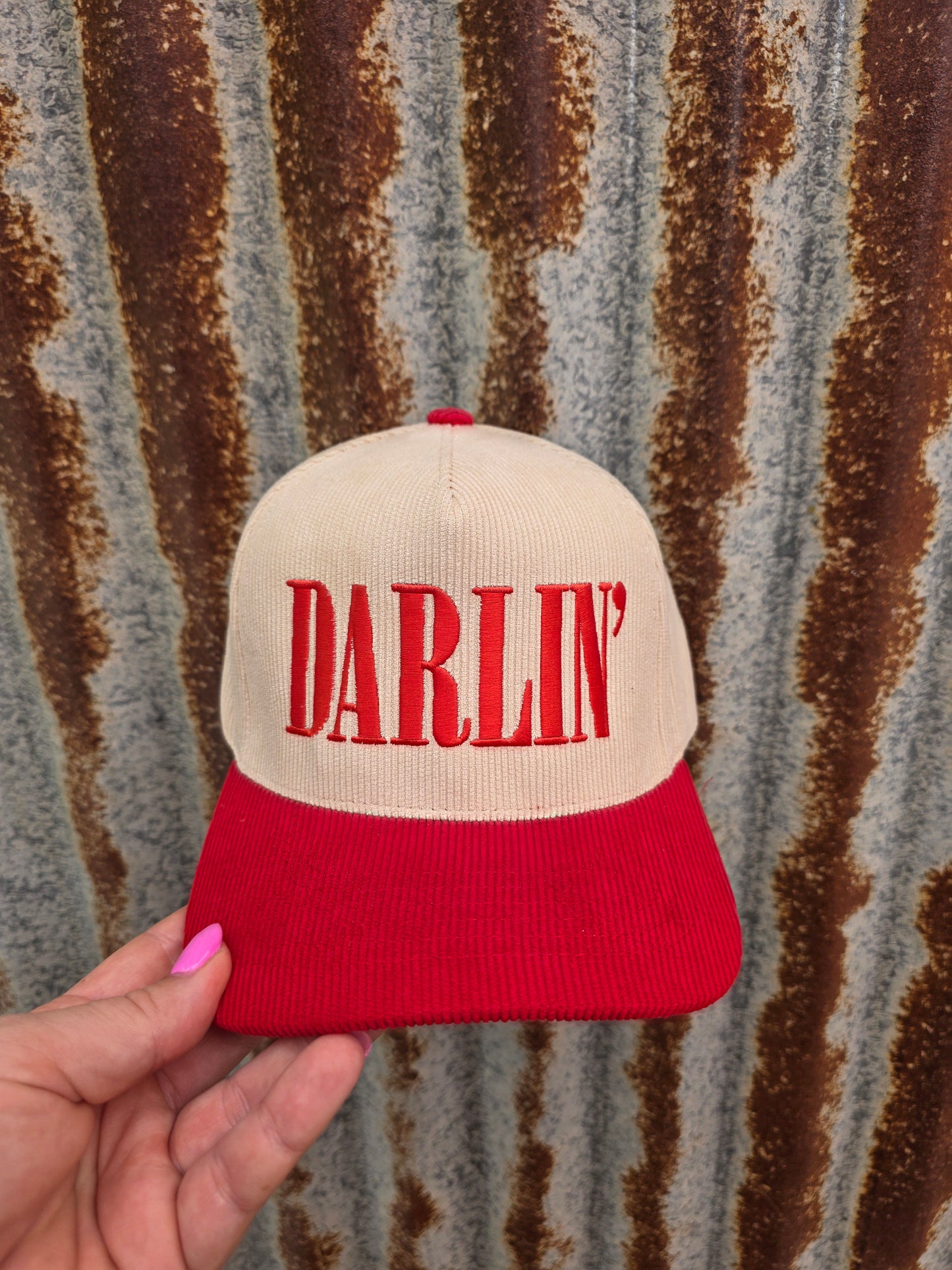 Cream corduroy western cap featuring embroidered Darlin' lettering