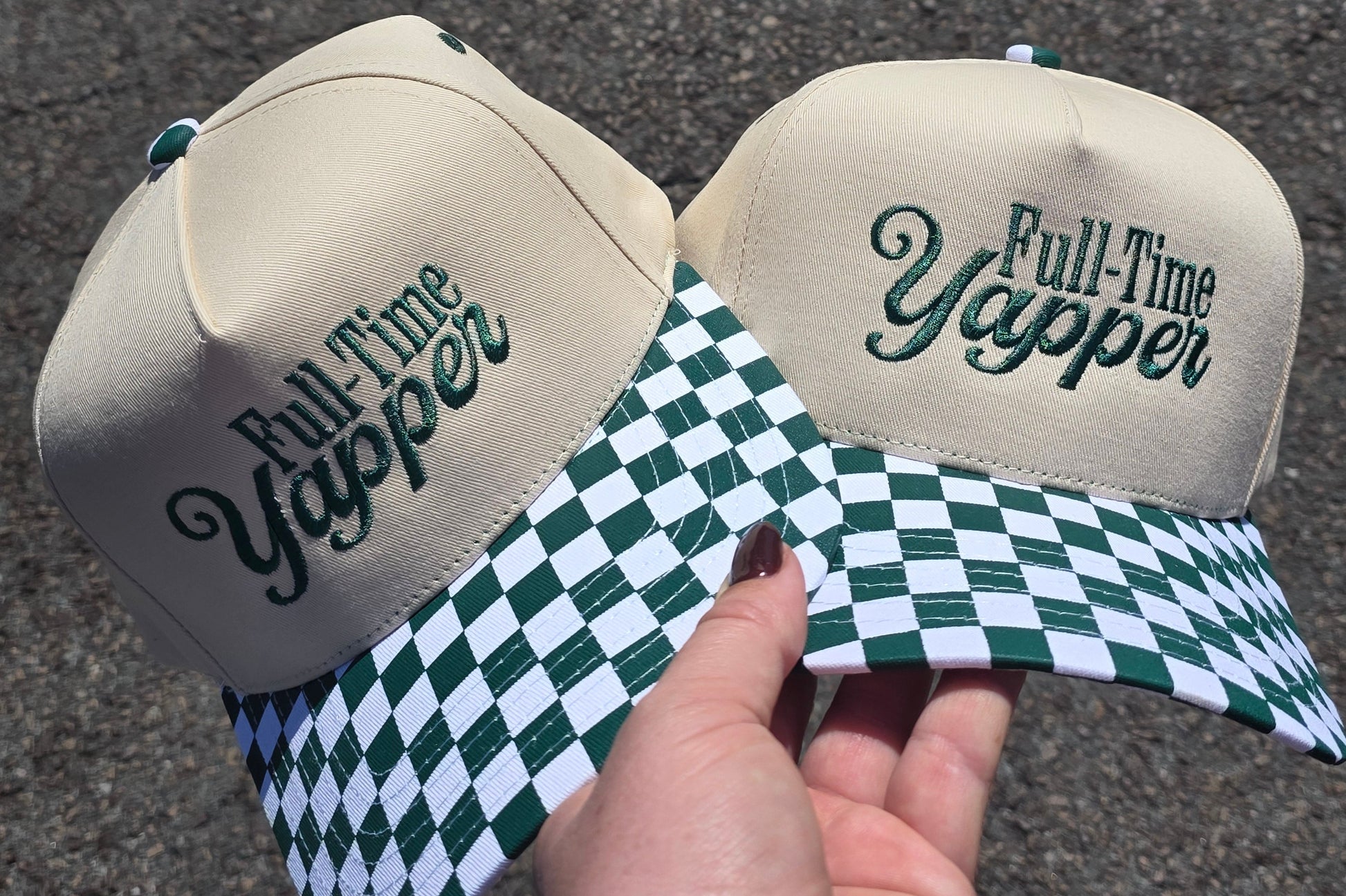 cream western trucker cap with green embroidered "Full Time Yapper" with green and white checkered print