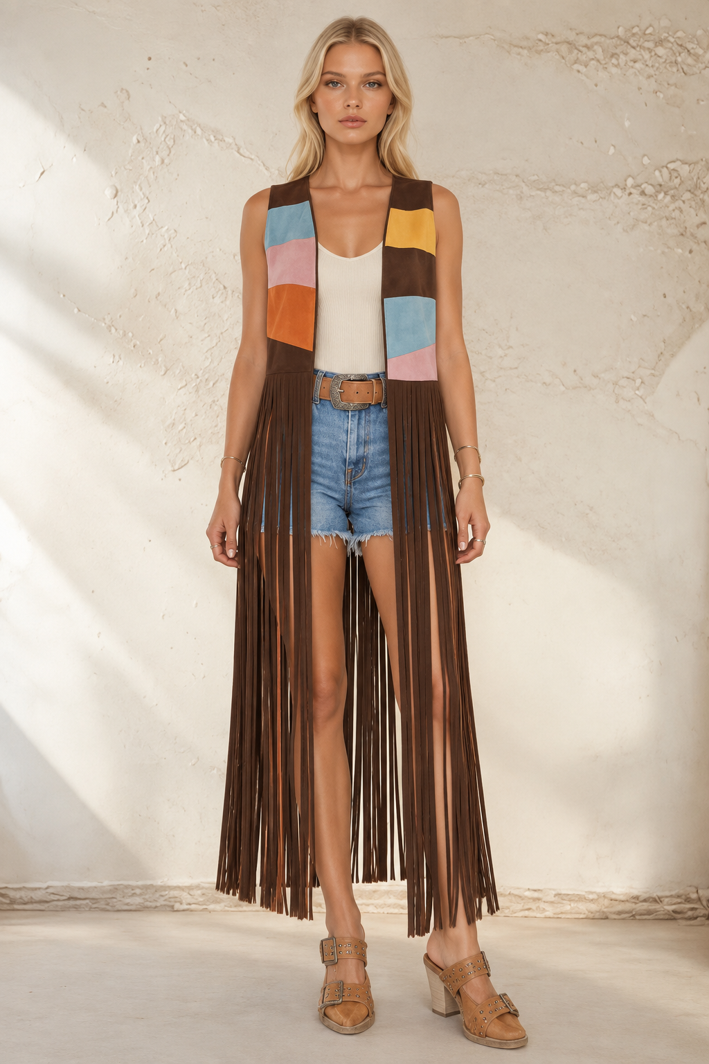 Chocolate brown western fringe vest with colourful patchwork detail