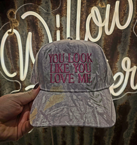 You look like you love me cap with pink embroidery on soft camo fabric