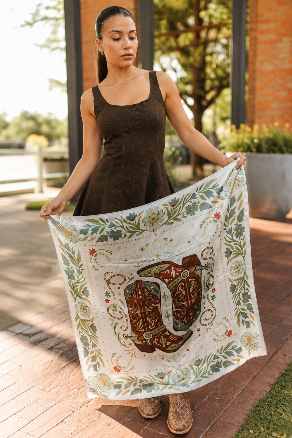Floral cowboy boot wild rag featuring vintage western boot artwork