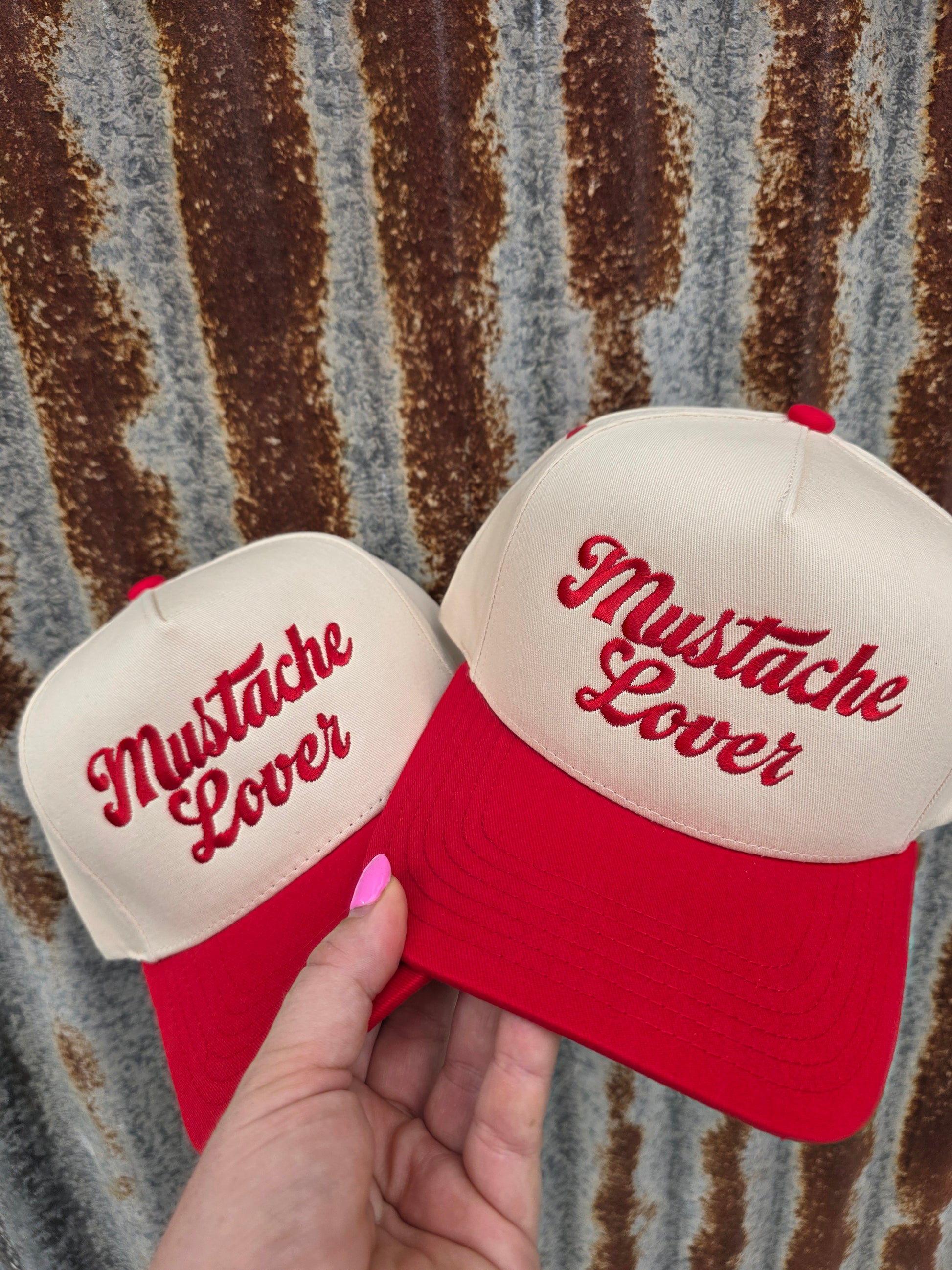 Cream and red western trucker hat featuring Mustache Lover design